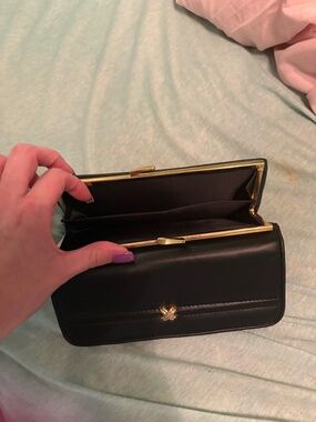 Black Women’s Leather Clutch Wallet with Gold Trim
